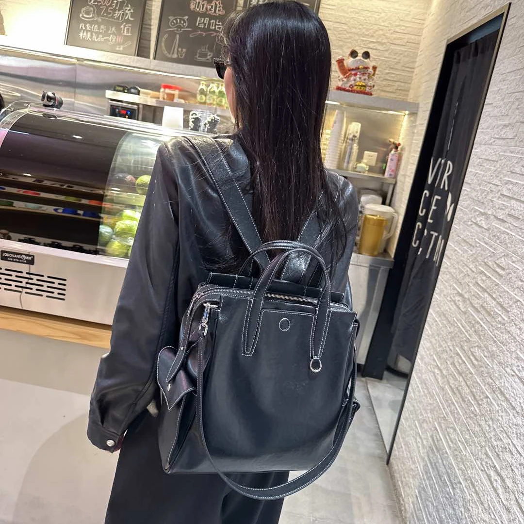 进口头层植鞣牛皮真皮女士百搭手提双肩包双肩背