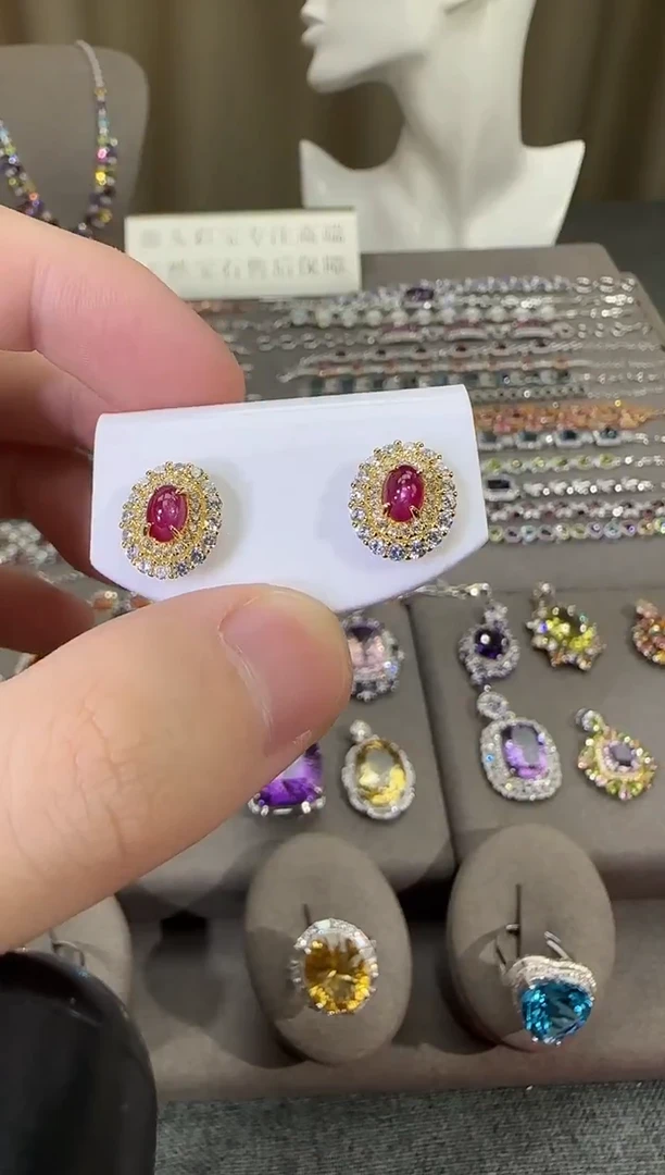 银S925镶嵌耳饰红宝石5*7mm耳钉简约款