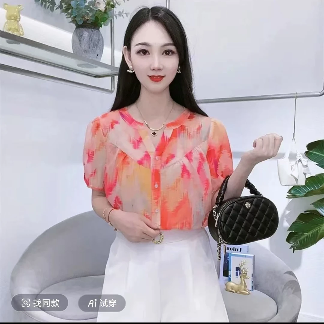 6792夏季新款显瘦衬衣时尚减龄气质百搭显韩版遮肚瘦时尚拼接洋气