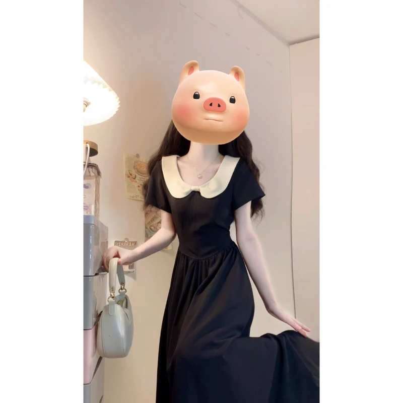 大码胖mm法式撞色娃娃领洋气复古连衣裙高级感遮肉显瘦赫本风长裙