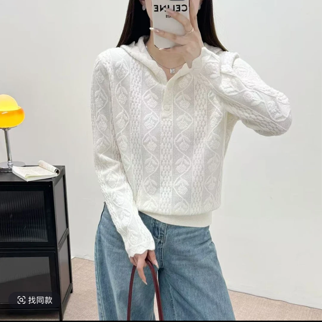 【靓大纹蕾丝连帽】冬季穿搭奶呼呼慵懒长袖套头软糯毛衣女针织百搭