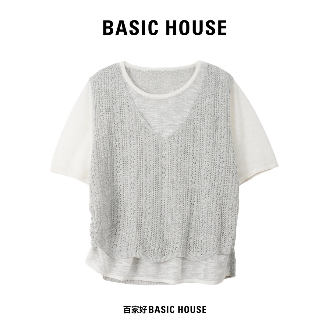 BasicHouse/百家好2025年夏季新款设计款V领假两件针织衫B472女装
