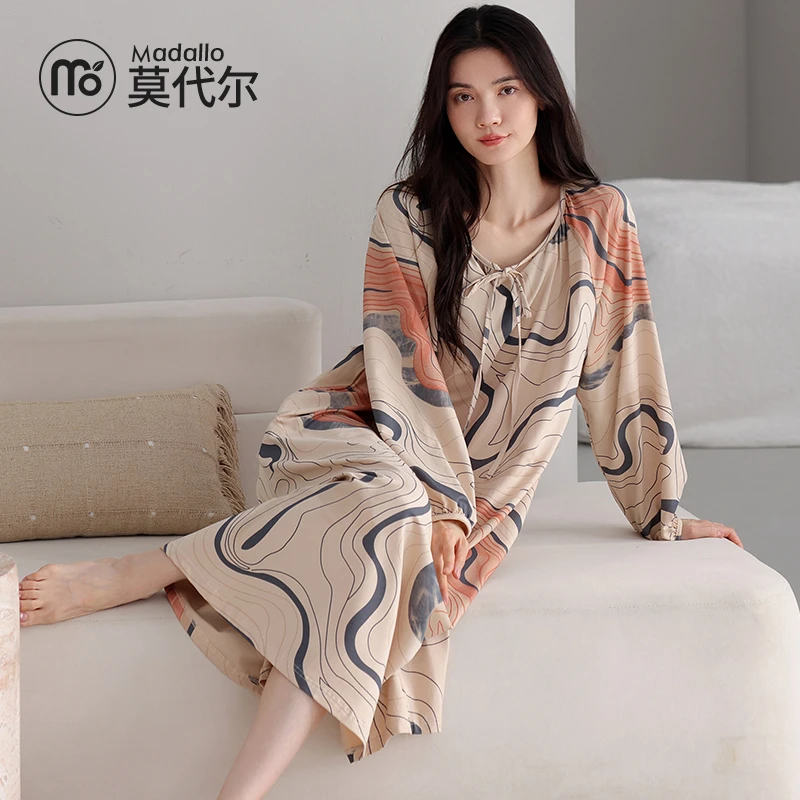 莫代尔睡裙女款春秋季纯棉长袖圆领甜美中长款家居服宽松睡衣裙子
