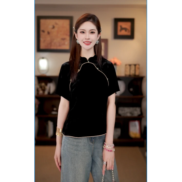 【陌上】满分桑蚕丝2025夏季真丝绒显瘦气质新中式短袖SY0601-2