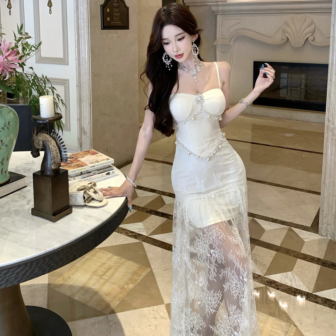 名媛千金法式重工珍珠链条收腰显瘦吊带礼服裙蕾丝拼接包臀连衣裙