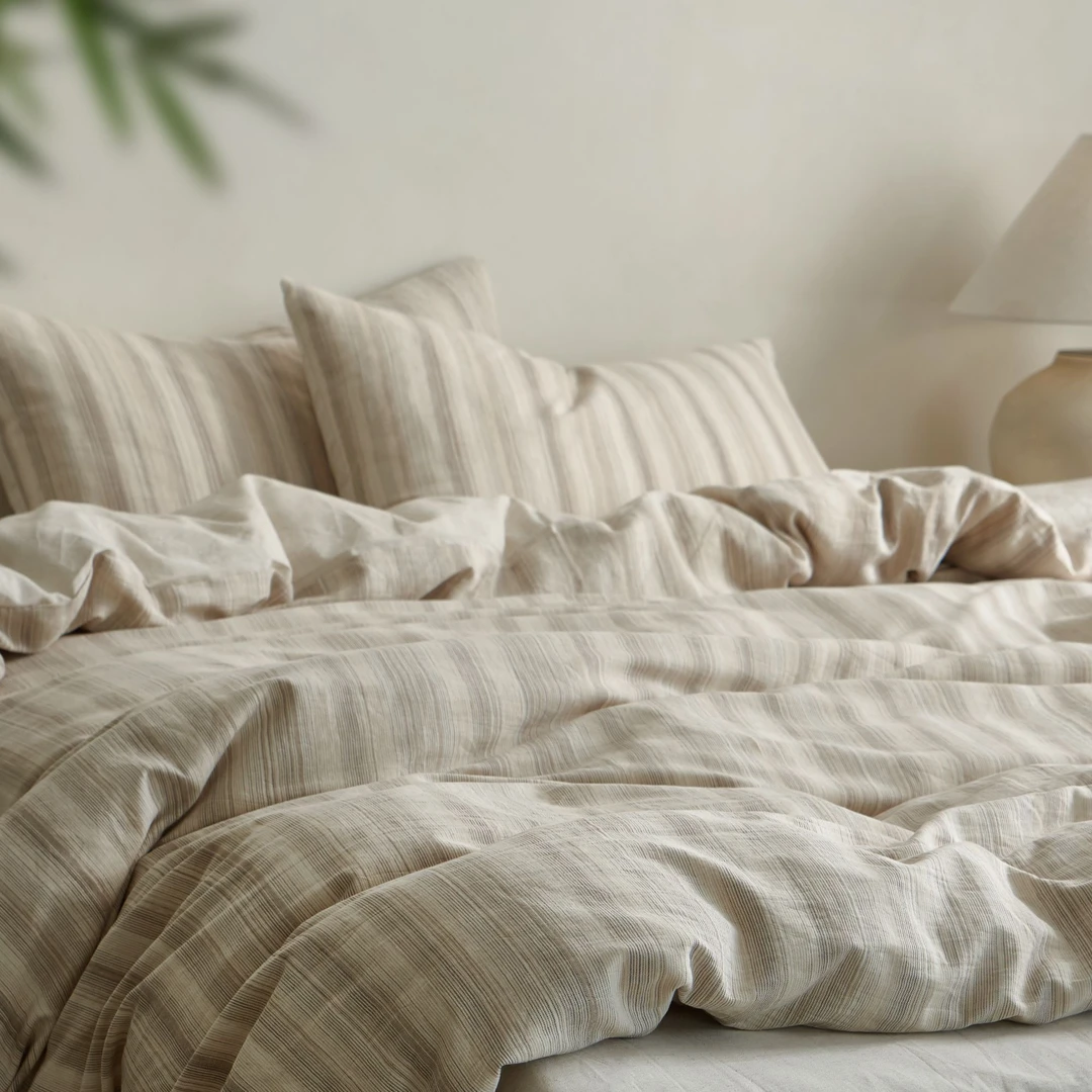 原棉色织棉麻风水洗棉四件套被套床单日式风提花原木风简约复古版