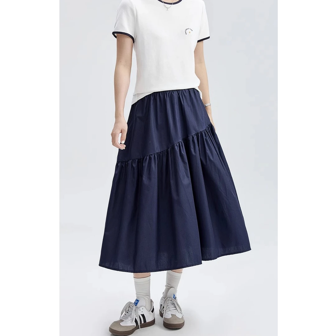 GUIER/桂儿深蓝色不规则半身裙女高腰显瘦百搭垂感a字中长裙G5951