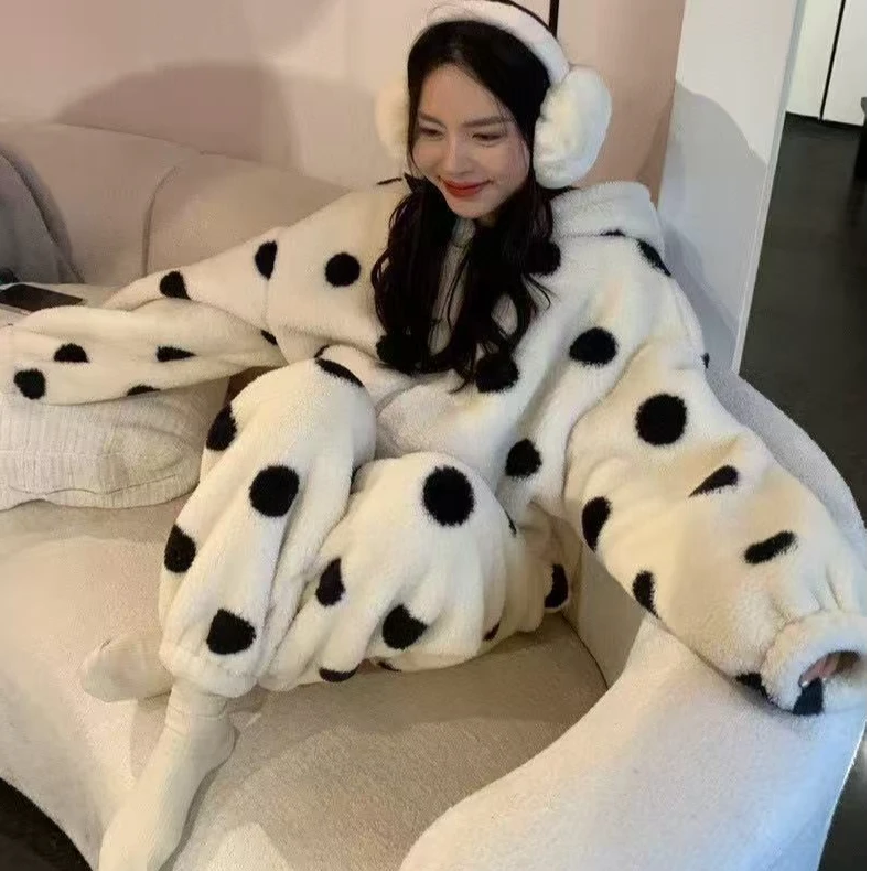李允珍同款波点连帽北极绒加厚保暖家居套装-HGFZ251101