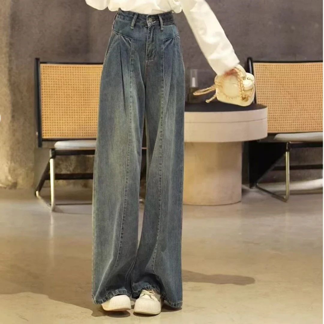 墨黛蓝新款复古休闲阔腿高腰显瘦垂感百搭直筒裤牛仔裤女7300 G