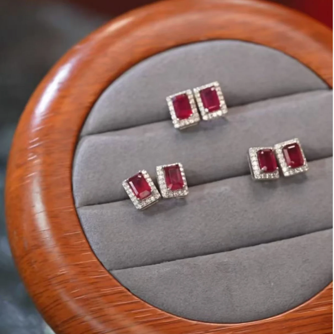 925银银制品 【逍遥】红宝方形耳饰*001/0345/多样性/1件