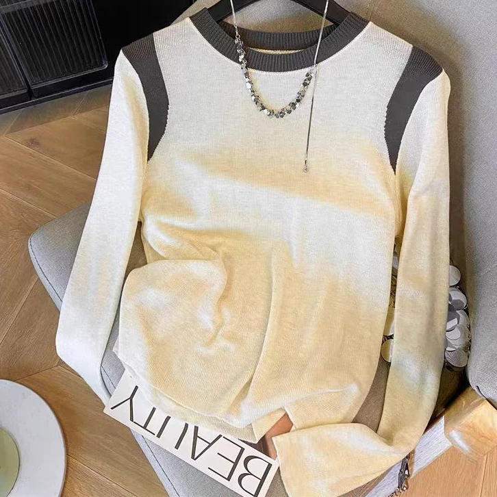 8936【衣长55】撞色长袖正肩T恤女打底衫内搭设计针织衫上衣秋季