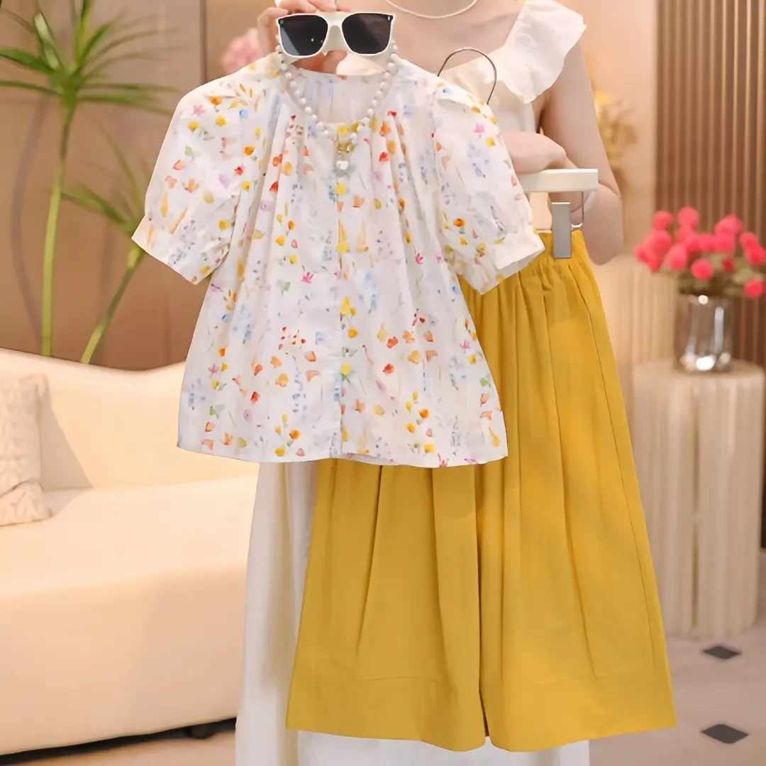 女童夏装2025新款套装韩版洋气碎花泡泡袖娃娃衫休闲阔腿裤两件套