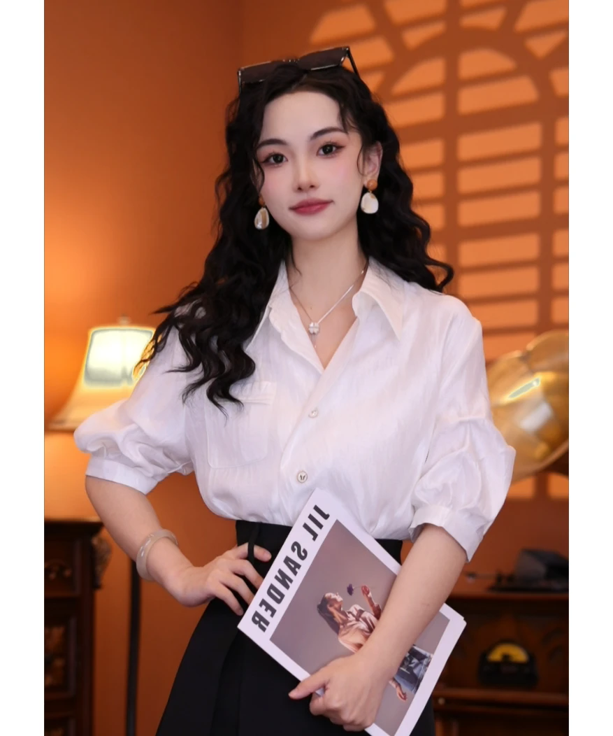 西西【皎月鎏光】港味复古时尚气质薄款显瘦设计上衣01701