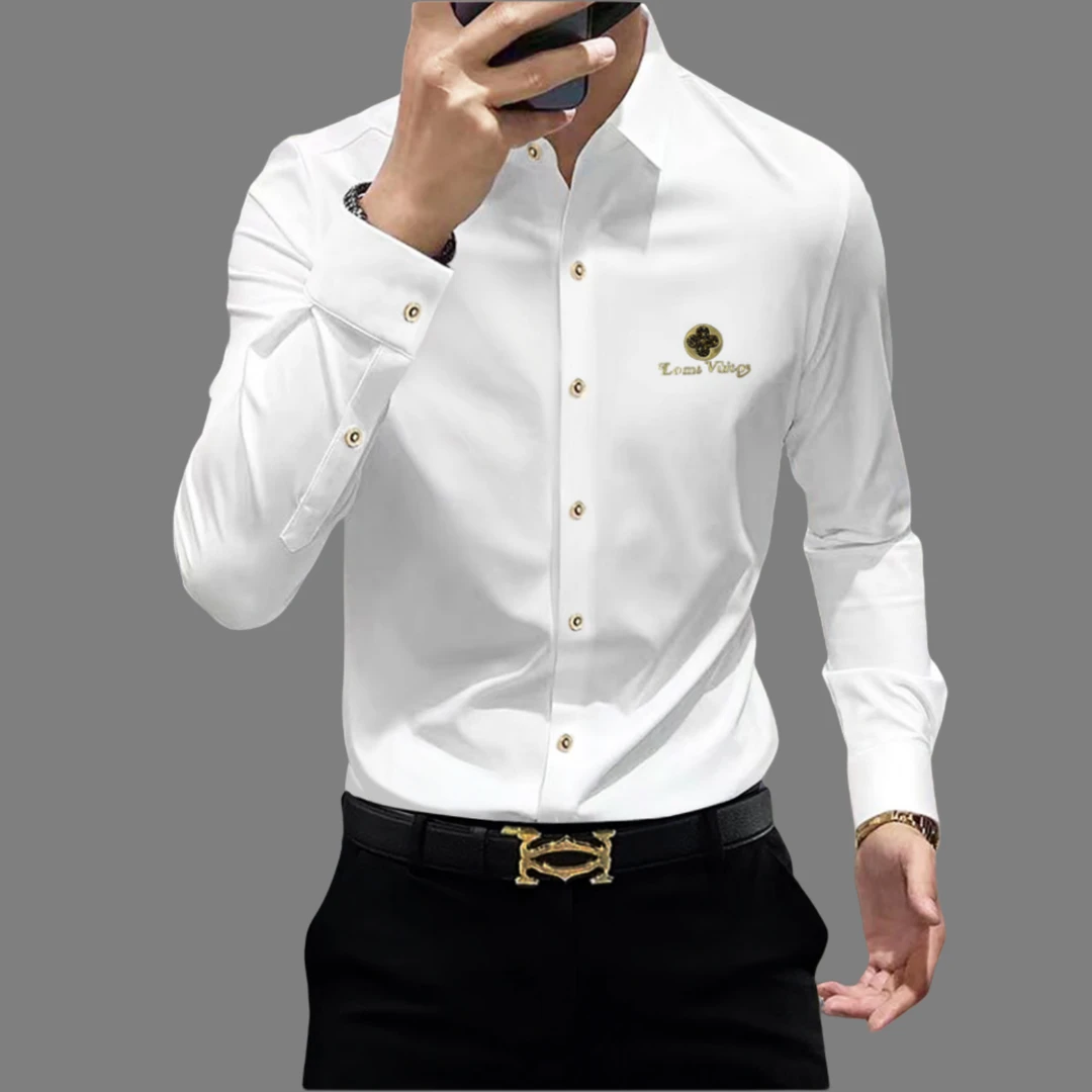 新款修身痞帅秋季新款衬衫男士免烫抗皱刺绣长袖衬衣轻奢痞帅男装