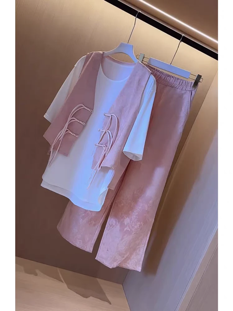 新中式大码休闲套装女2025新款夏季胖妹妹时尚减龄洋气修身三件套