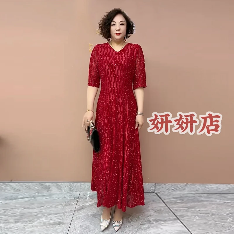 8311阔太太夏季中袖连衣裙高档弹力星光闪烁弹力显瘦长款大摆裙女