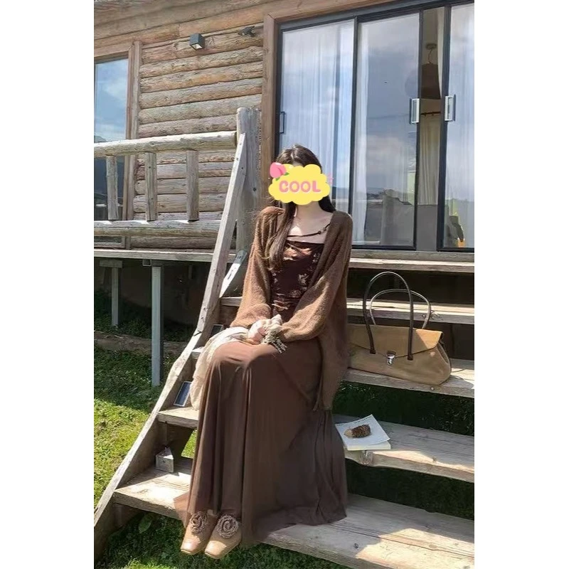 大码慵懒风开衫印花吊带高腰半身裙三件套5995#