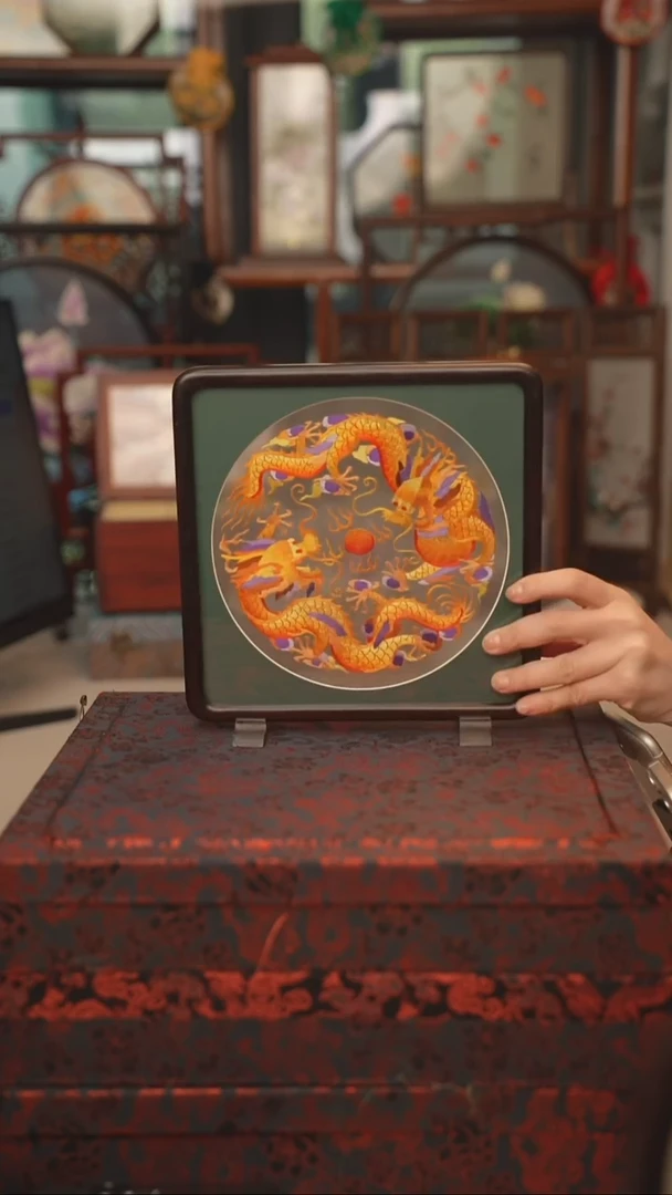 扇子苏绣双面绣四方台屏红木框大号20CM