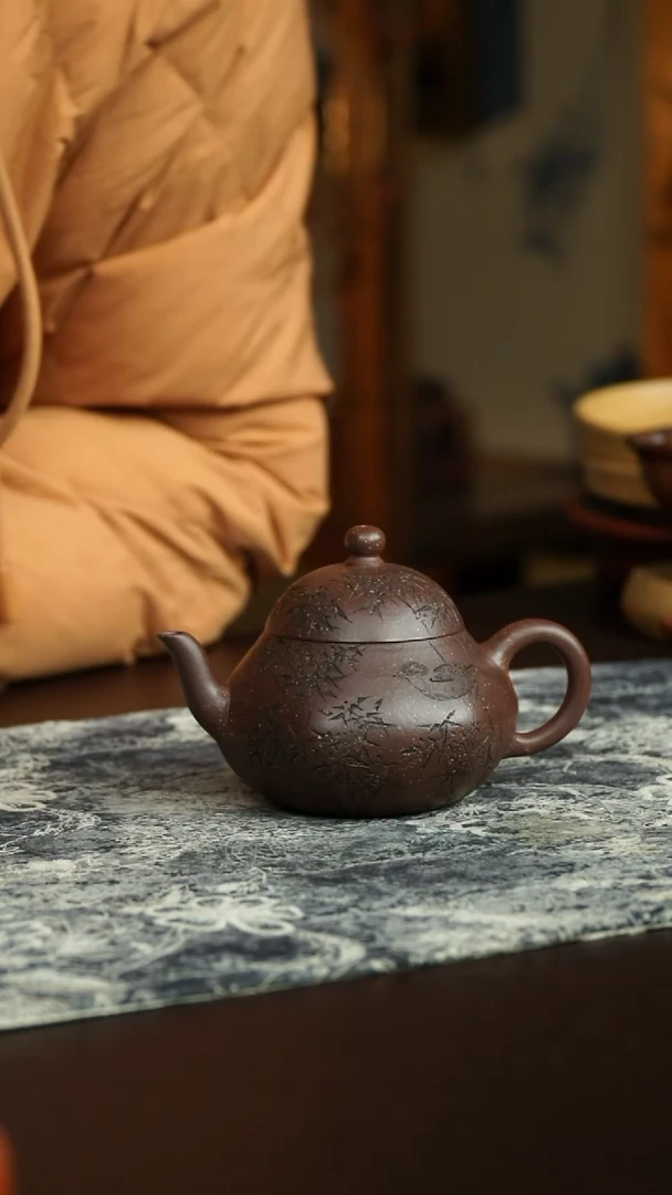 茶杯紫砂84号 李建军李建紫玉金砂 竹鸟六方梨形壶