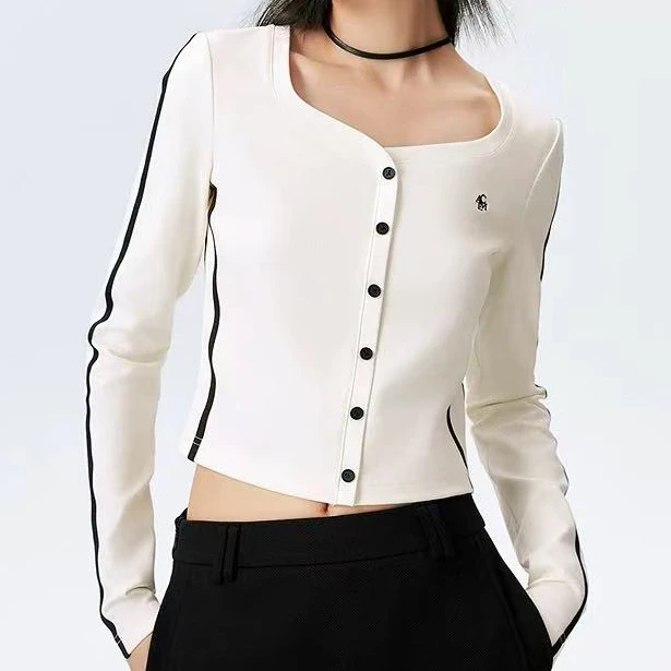 2025春U领长袖T恤女新款修身短款运动风潮流上衣内搭酷8720