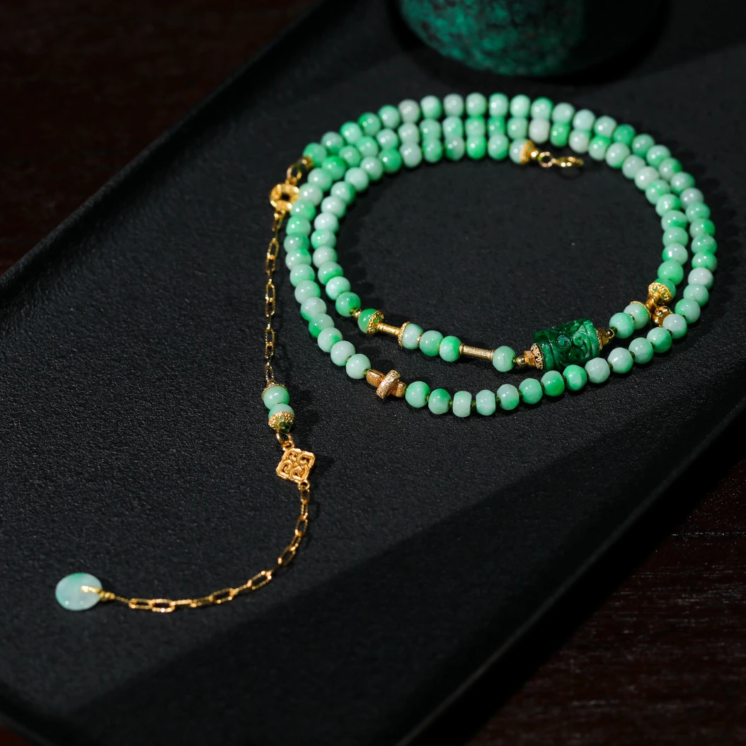 【意婵】《岚舟》天然高品阳绿翡翠多圈18K金（长度56cm）-905510