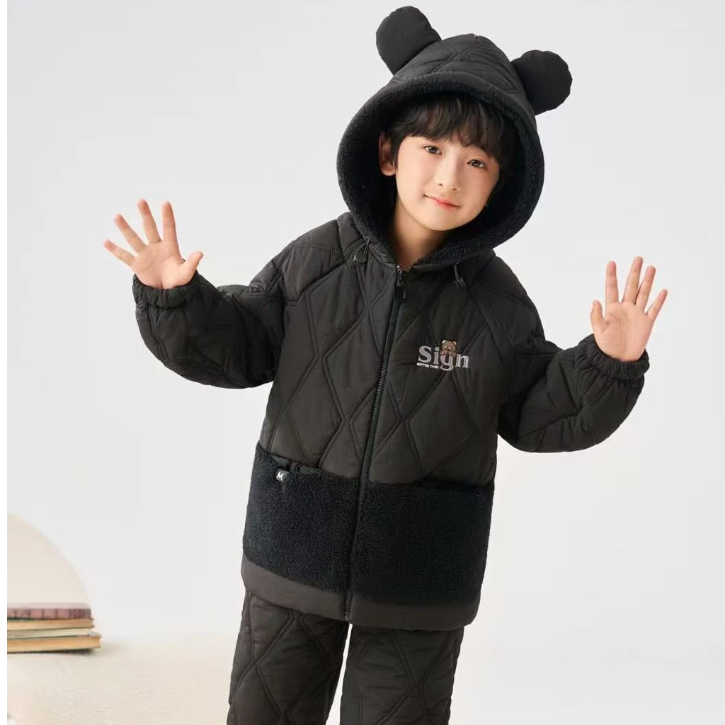 【0304莉男生小童】时尚家居服套装加绒睡衣三层加厚保暖连帽拼接