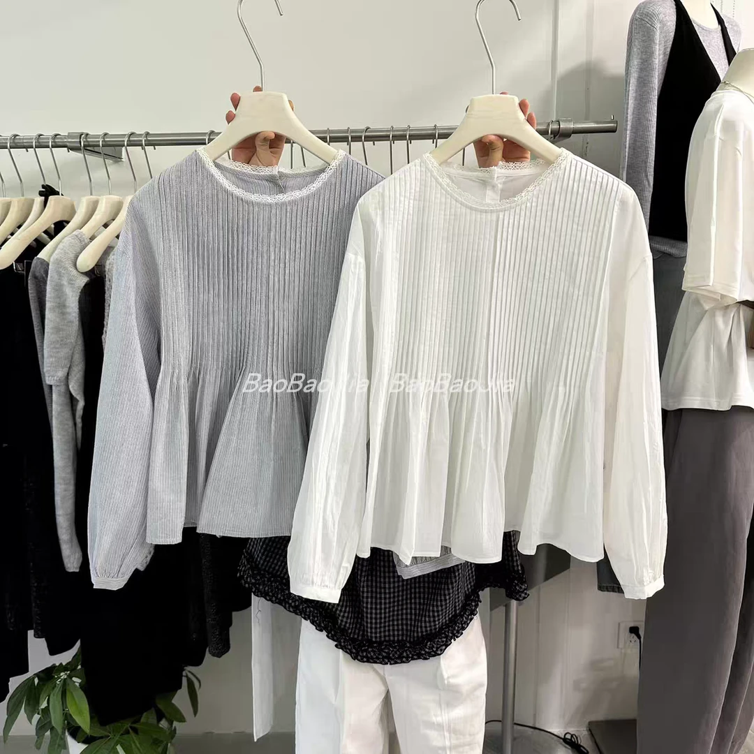 韩系蕾丝边圆领后纽扣设计打褶小衫女2025秋季新款气质精致娃娃衫