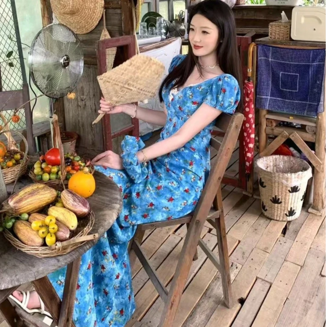 【TING】法式蓝色收腰显瘦碎花连衣裙夏季甜美公主印花长裙25050