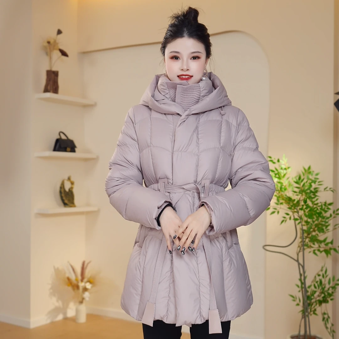 【戈雅米迹】白鸭绒羽绒服女款新款冬季泡芙中长款收腰加厚保暖F008