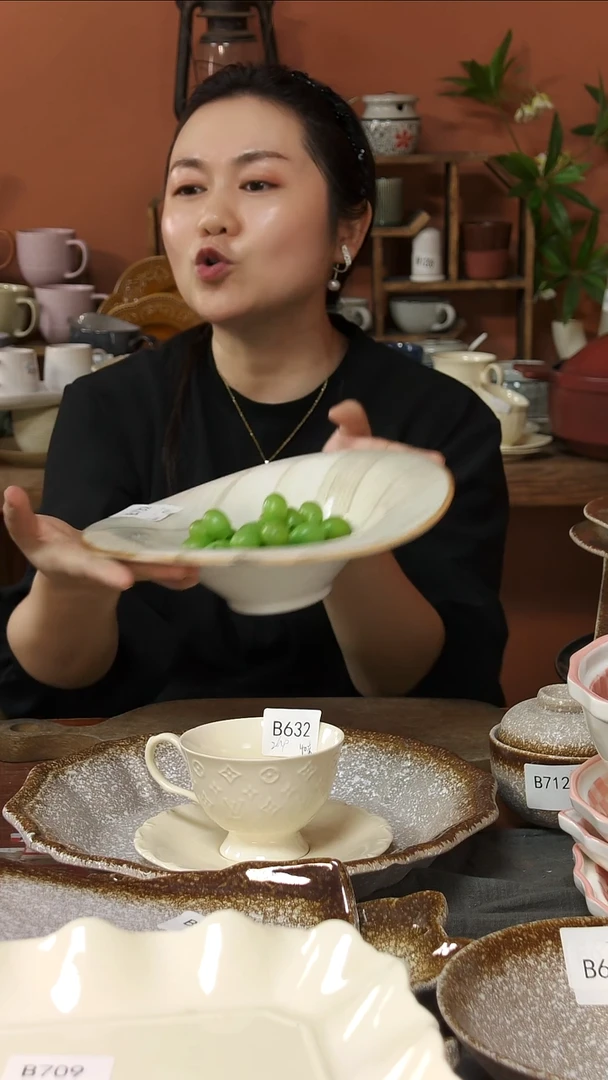 陶瓷B732陶瓷草帽碗带泼墨点一件套微瑕