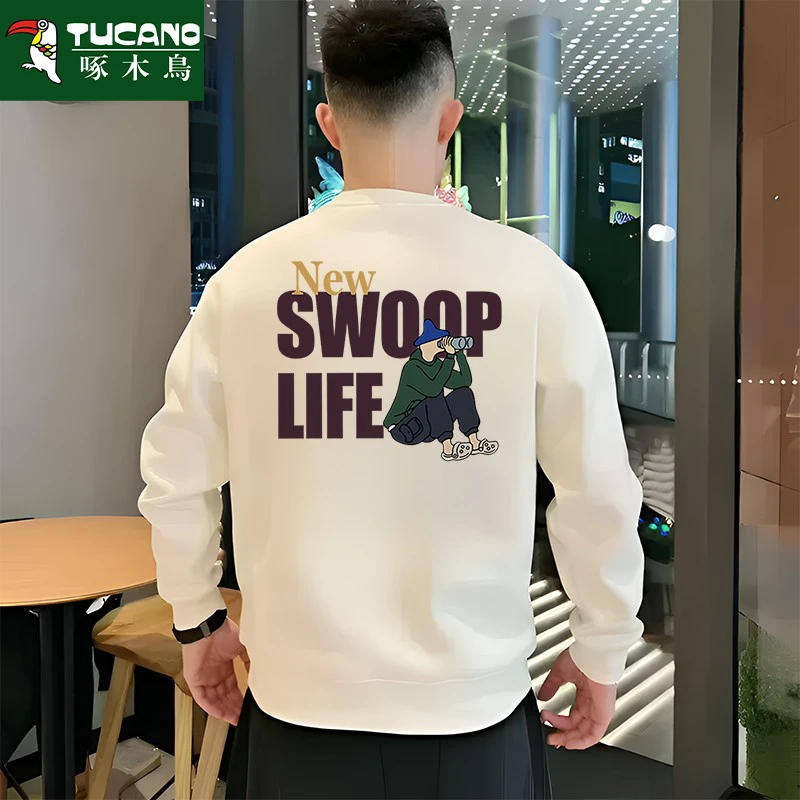 啄木鸟卫衣2025秋冬黑色卫衣男重磅圆领潮流情侣百搭宽松运动上衣