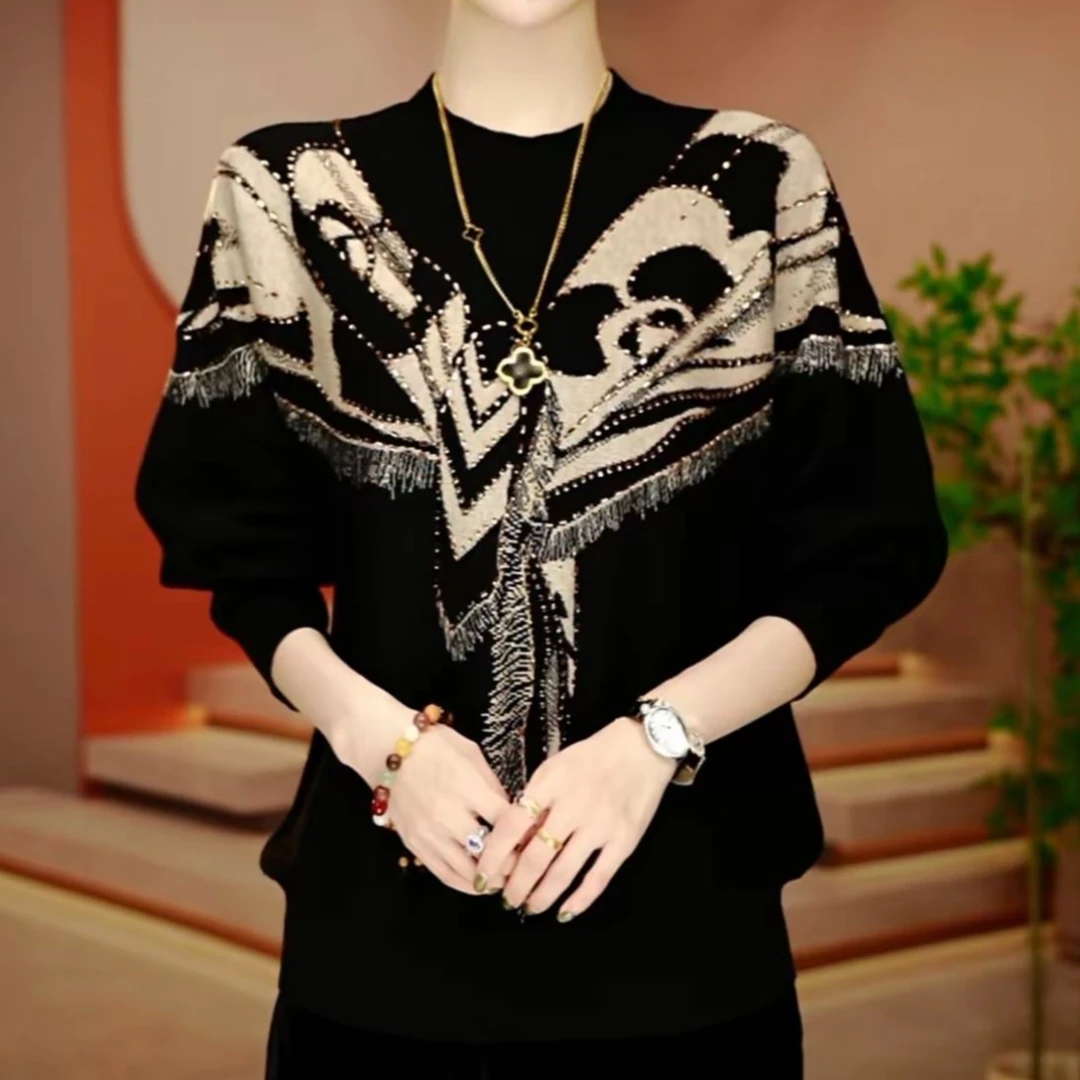 秋冬季大码潮流高档时尚打底针织宽松百搭显瘦减龄长袖毛衣妈妈装