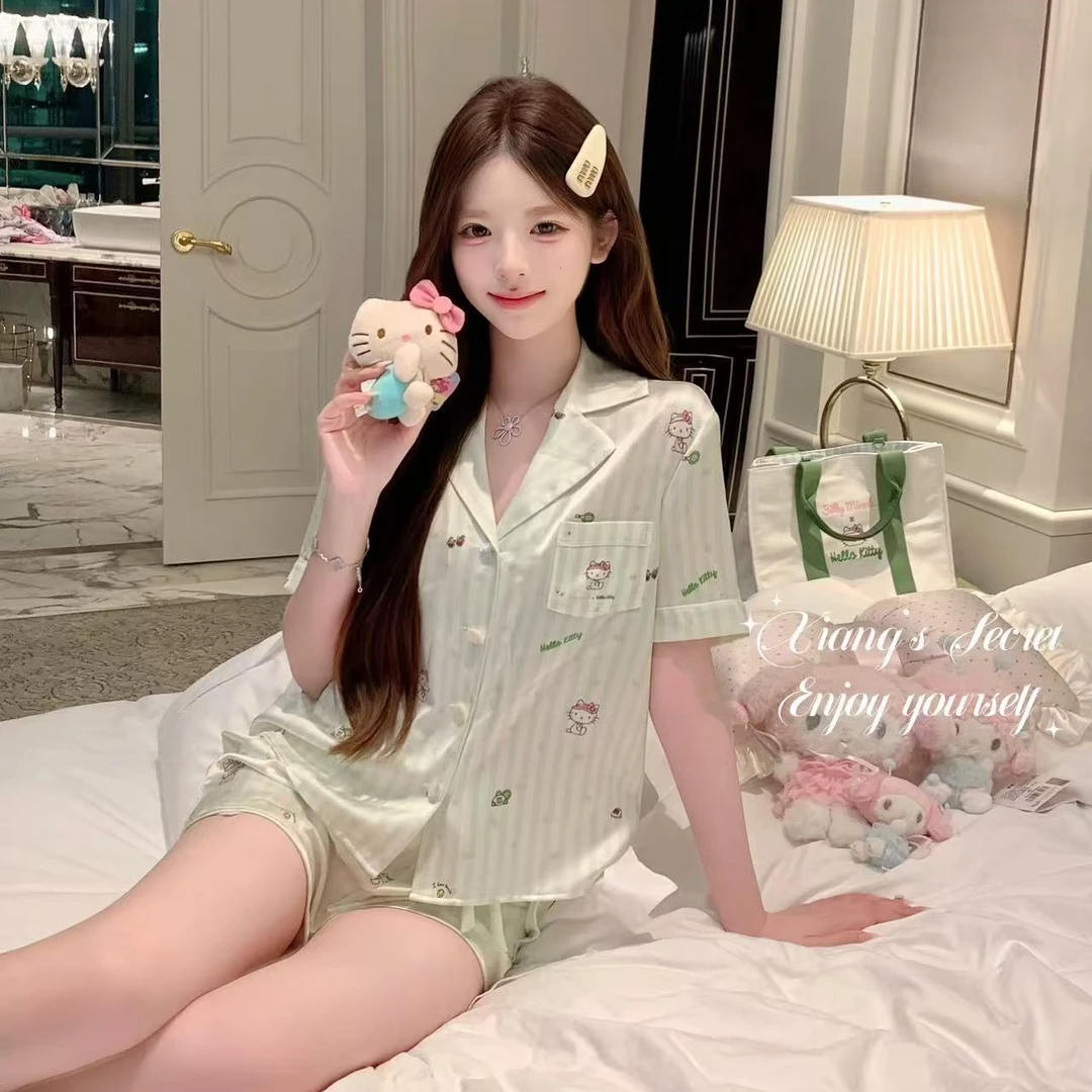 【网球kt】夏季短袖丝款睡衣家居服可爱少女缎面印花女可外穿