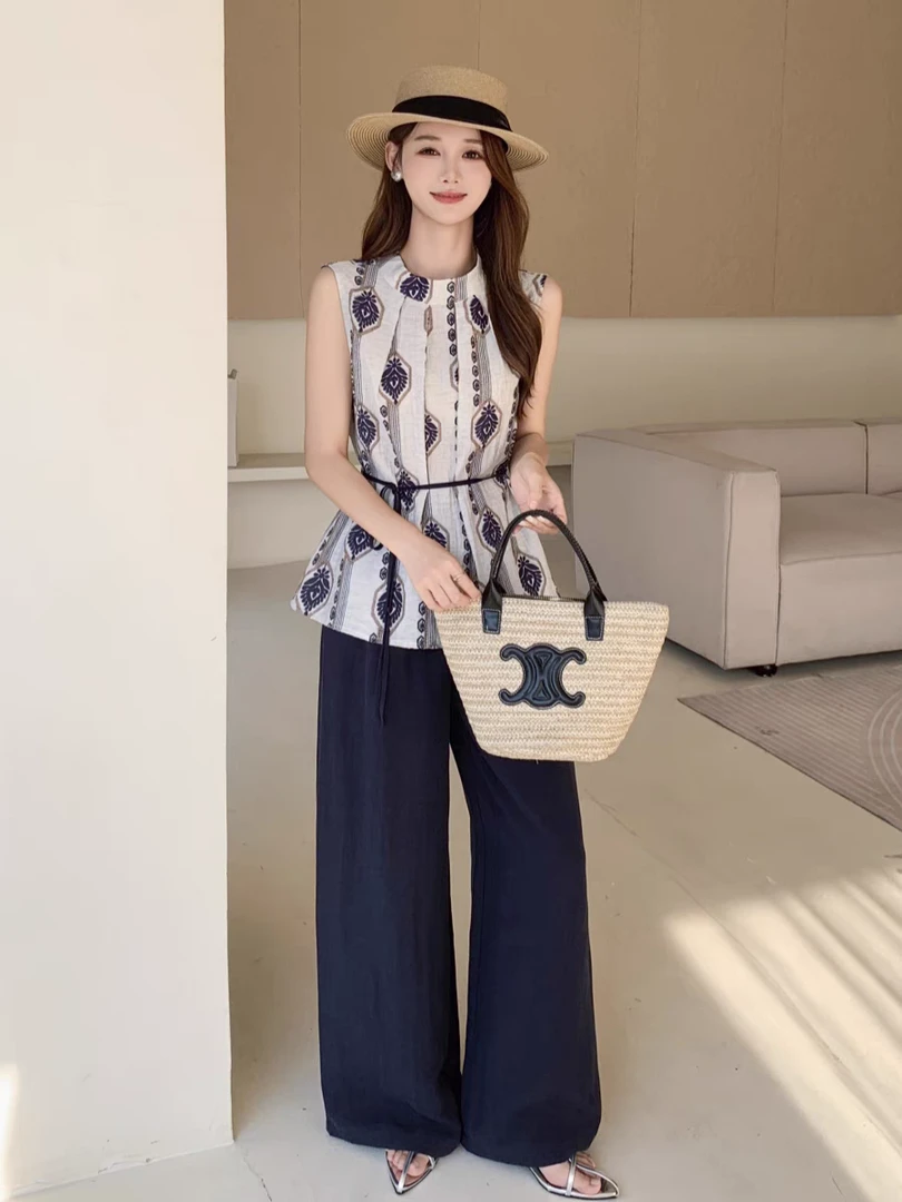 时尚气质无袖套装2025女印花立领收腰背心上衣+麻料阔腿裤两件套