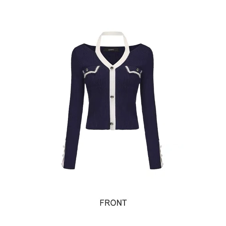GIMING设计师品牌冬季新款合身款V领撞色针织上衣女