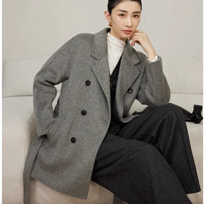 9858新款秋冬高级感阿尔巴卡轻奢气质双排扣灰色中长款女士大衣