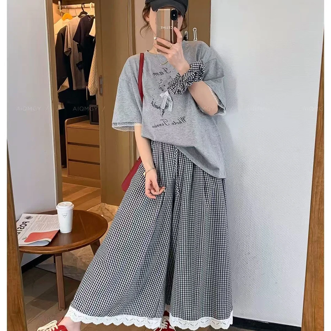 韩系慵懒风（带发圈）➕印花短袖T恤➕裙裤三件套套装