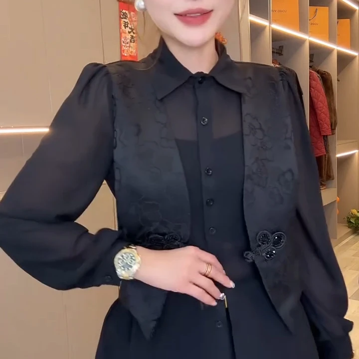 新款提花重工假两件衬衫修身显瘦时尚百搭减龄气质网红新款式衬衫