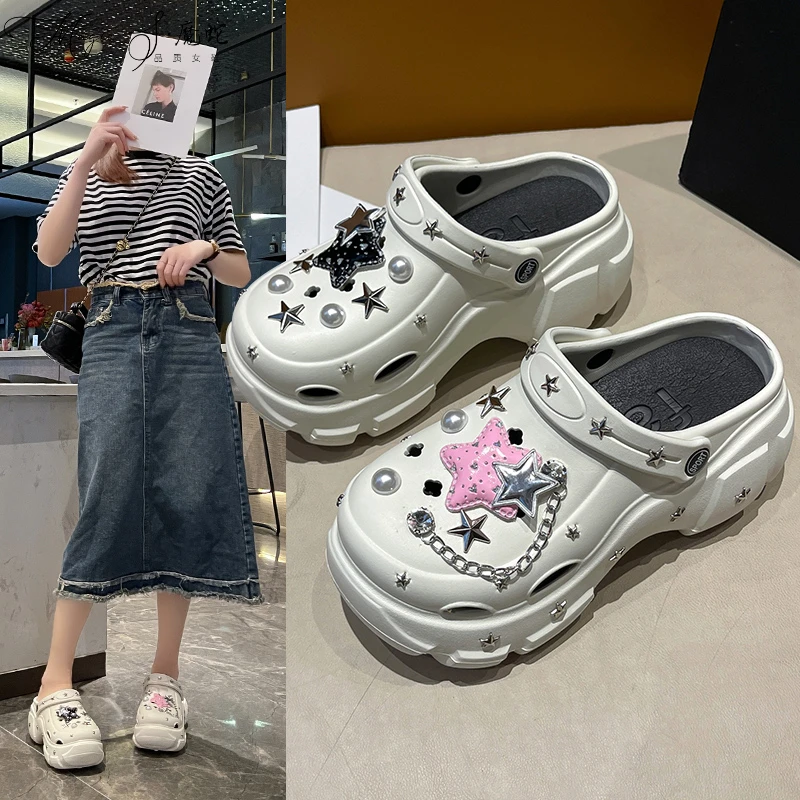 【万达撤柜】休闲半拖厚底甜酷粉五角星洞洞鞋女链条风夏季复古包头