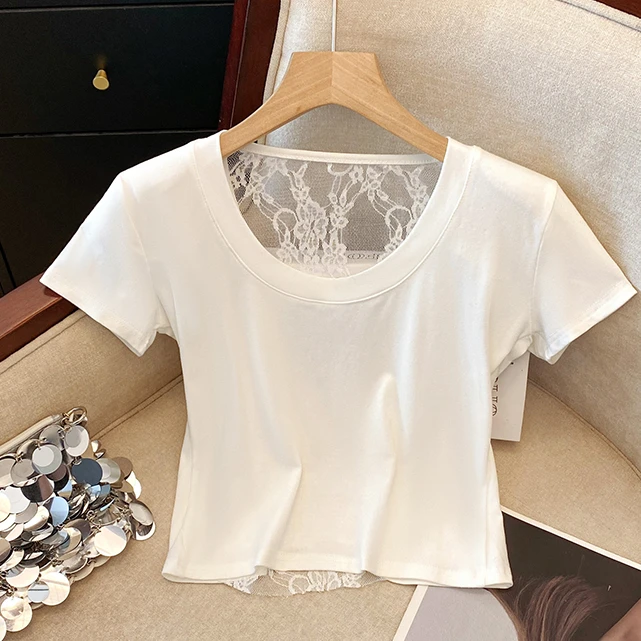蕾丝拼接露背短袖T恤女新款2025年夏季时尚高级感显瘦V领短款上衣