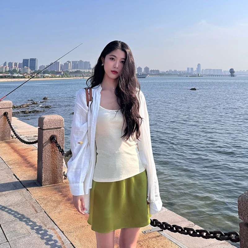 复古度假风果绿醋酸缎面短裙女夏季小个子高腰显瘦包臀a字短裙女