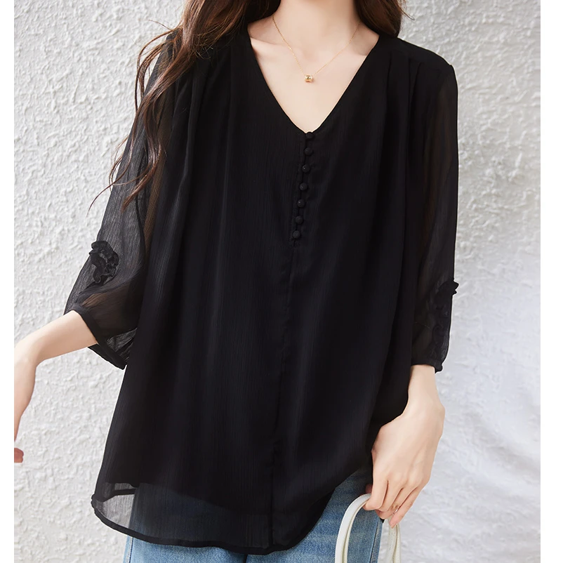 雪纺衫七分袖夏季上衣女V领气质洋气小衫宽松大码遮肚子显瘦
