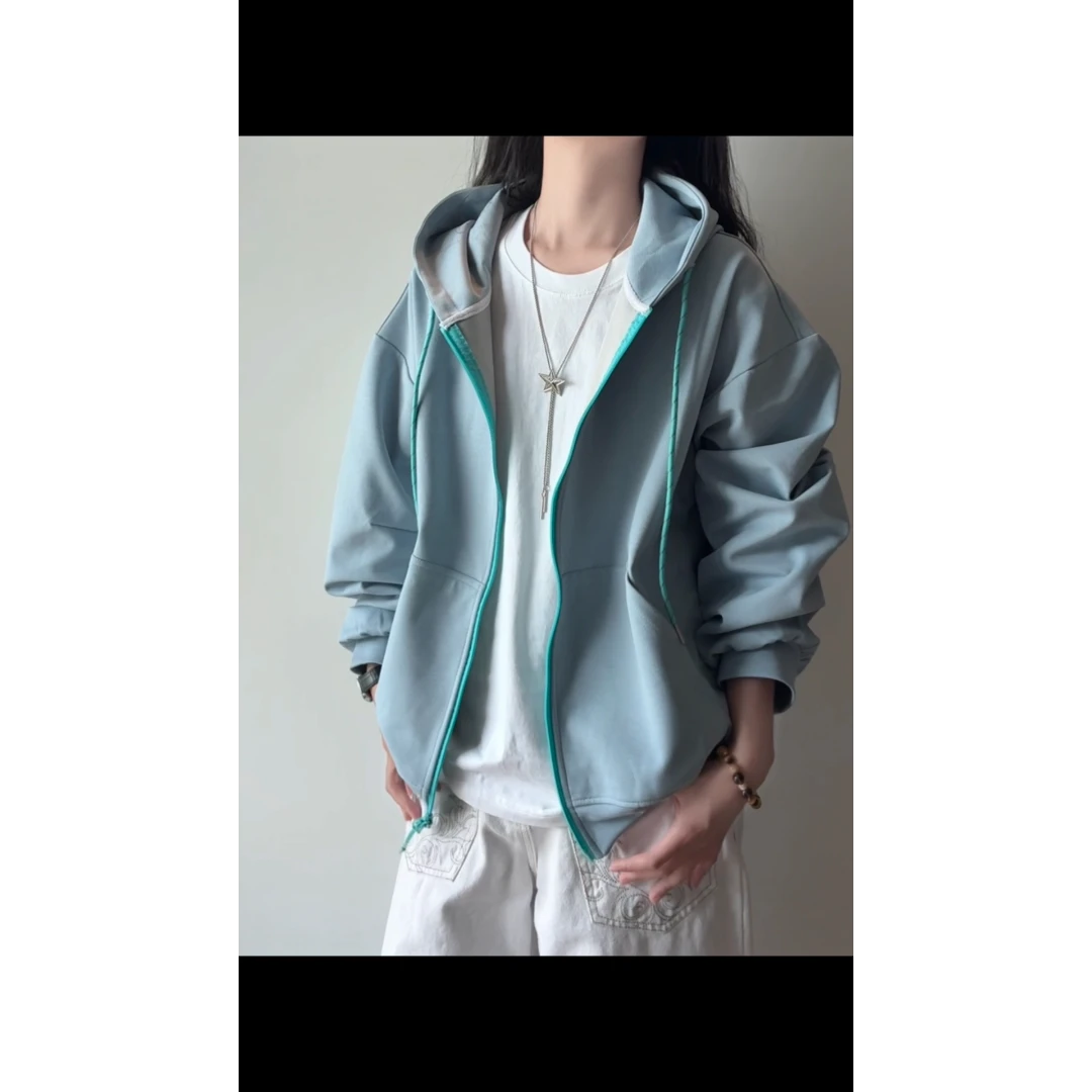 2025新款美式复古连帽卫衣男款潮牌宽松休闲上衣撞色拉链外套夹克