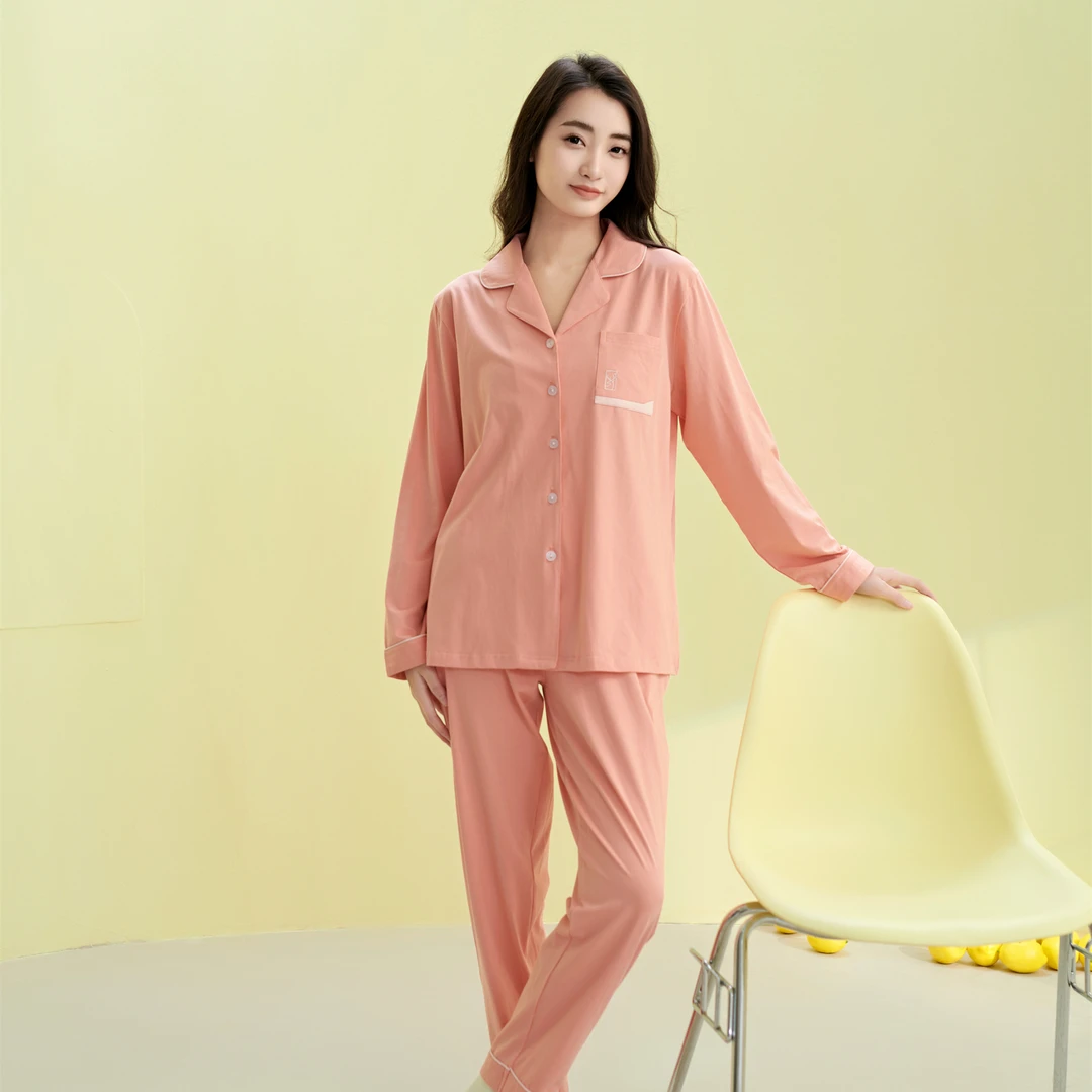 姬玛夏款纯棉薄款长袖长裤女士家居服睡衣套装241188