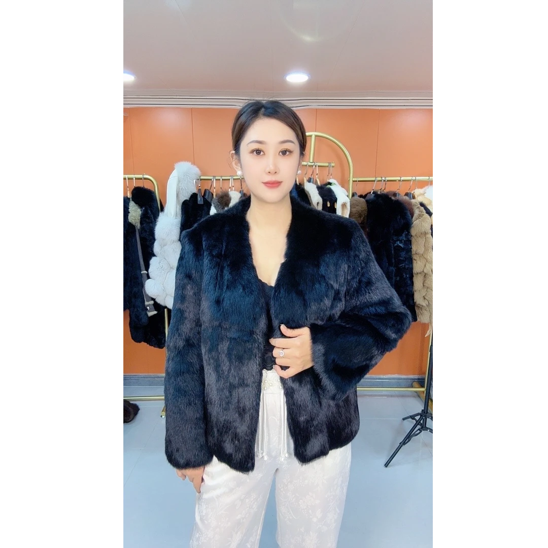 【云姐潮品】兔毛皮轻奢爆款简约V领女外套款上衣时尚百搭草草外套