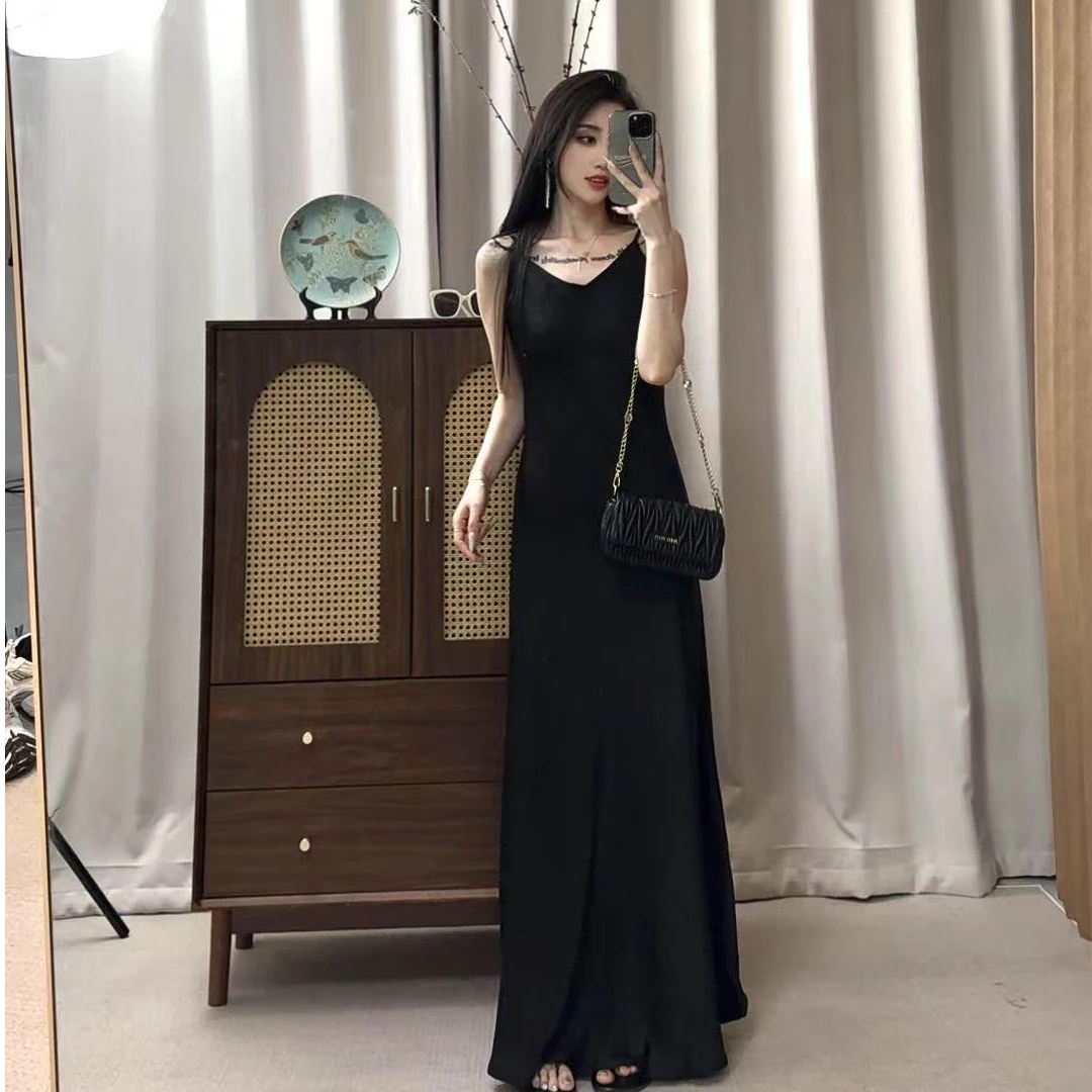 超长到脚踝吊带裙法式裁剪缎面质加长裙丝滑温柔风长裙