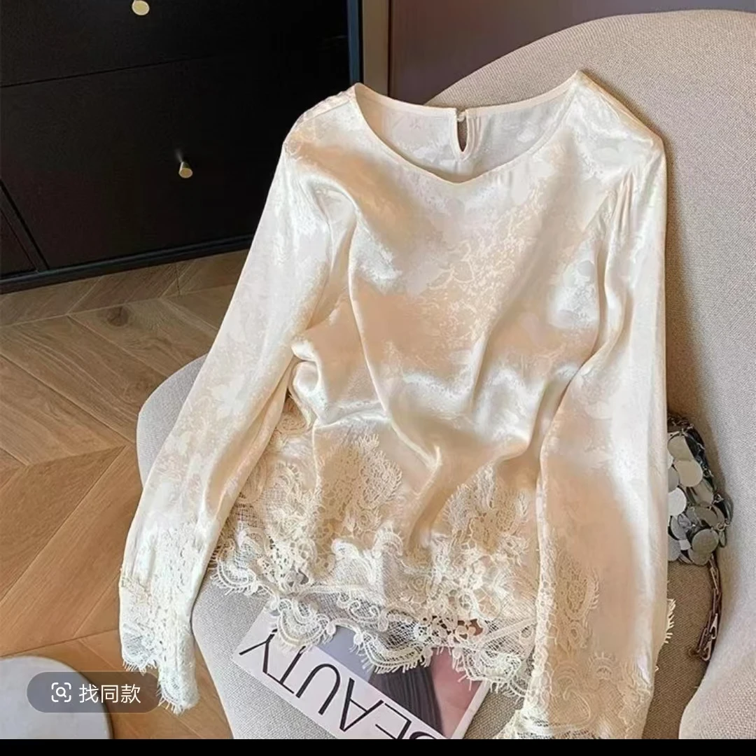 2025春季新款重工拼接蕾丝边国风打底衫洋气百搭长袖网红时尚打底
