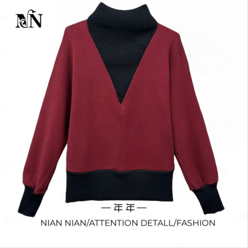 〖雾冬暖咖〗年年2024冬季新款假两件针织衫女半高领拼接宽松上衣