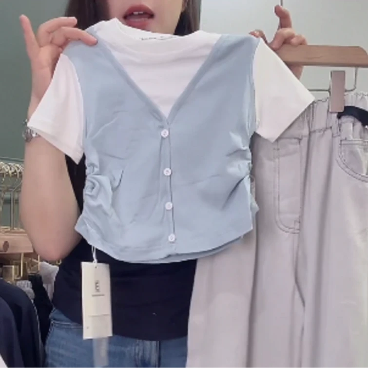 现货   2025夏季儿童男童女童短袖假两件T恤25036