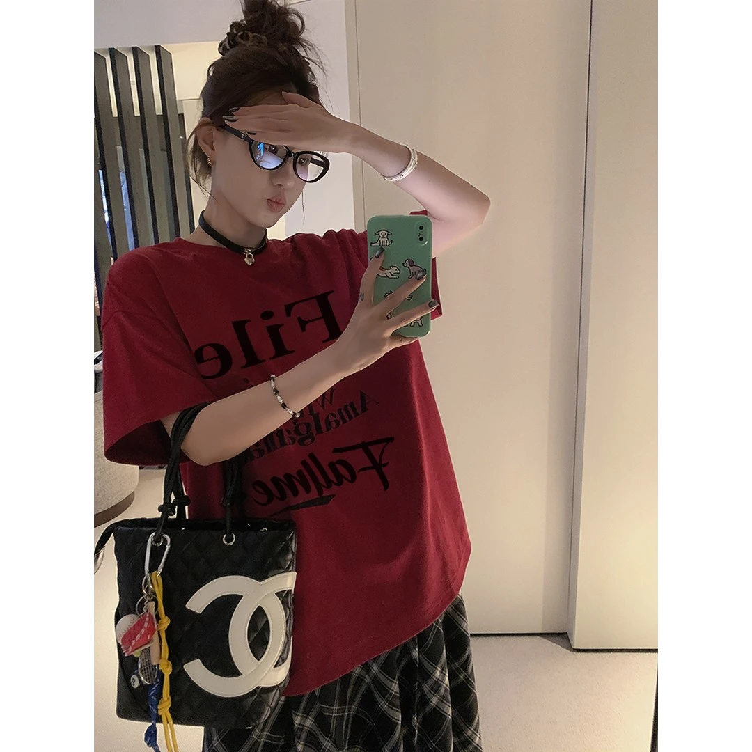 夏季美式圆领纯棉短袖t恤女宽松显瘦小众炸街风潮牌别致穿搭